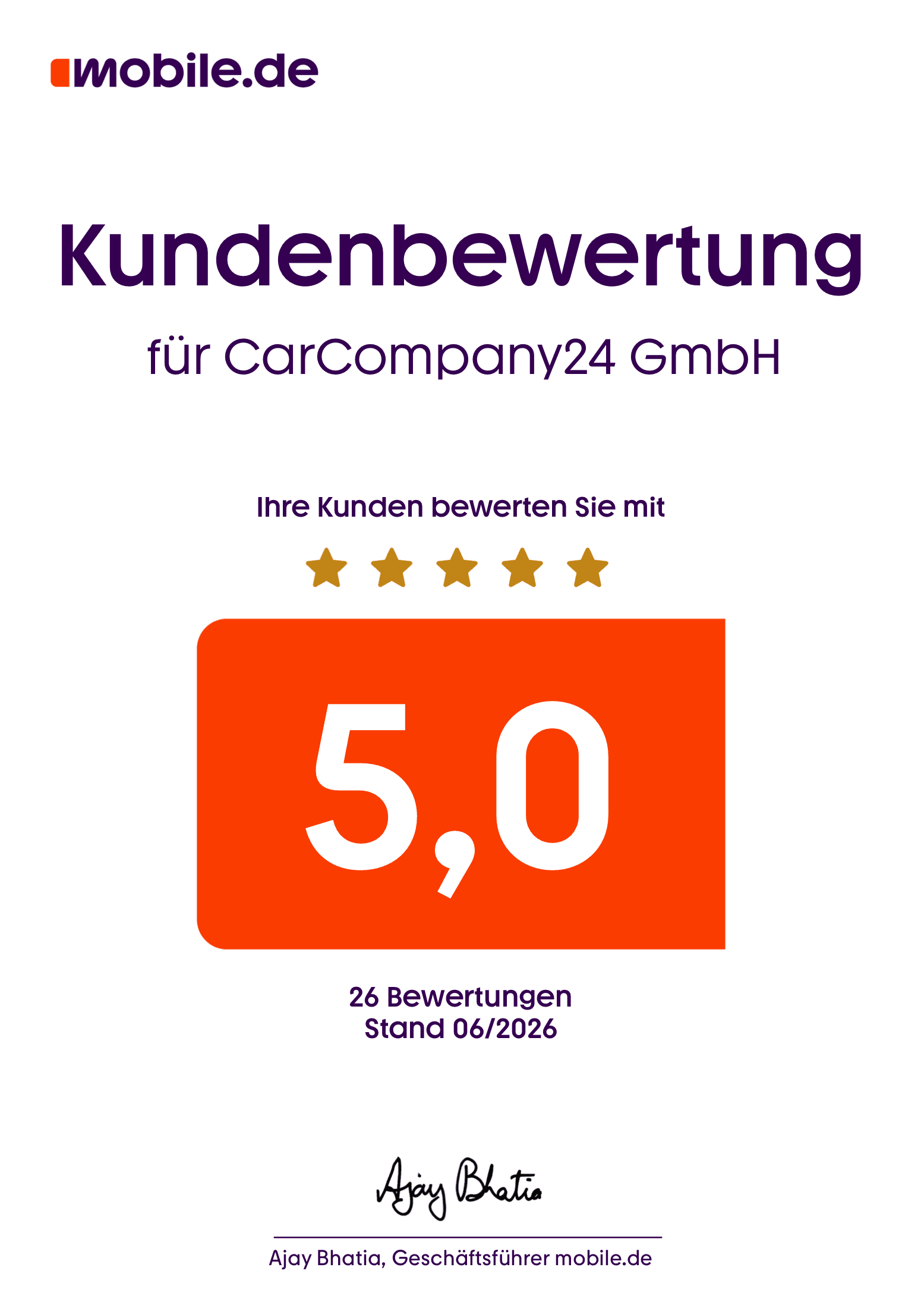 Kundenbewertung für CarCompany24 GmbH: 5,0 Sterne, 26 Bewertungen, Stand 06/2026